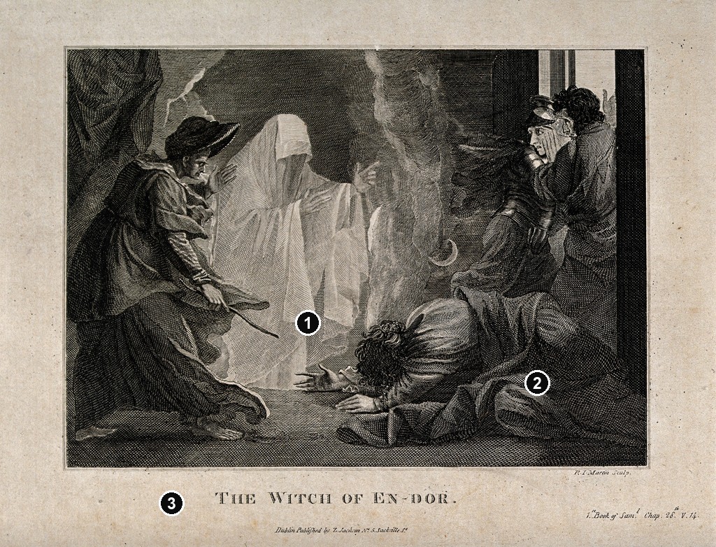 Annotated details from Saul: Martin’s Engraved Version by R. I. Martin after Benjamin West, The Witch of En-Dor, catalogued 1811